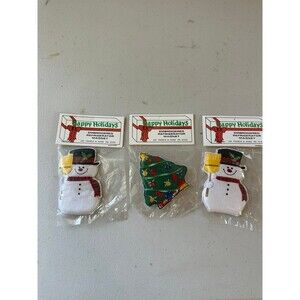 Happy Holidays Embroidered Refrigerator Magnets Snowman Christmas Tree Lot of 3
